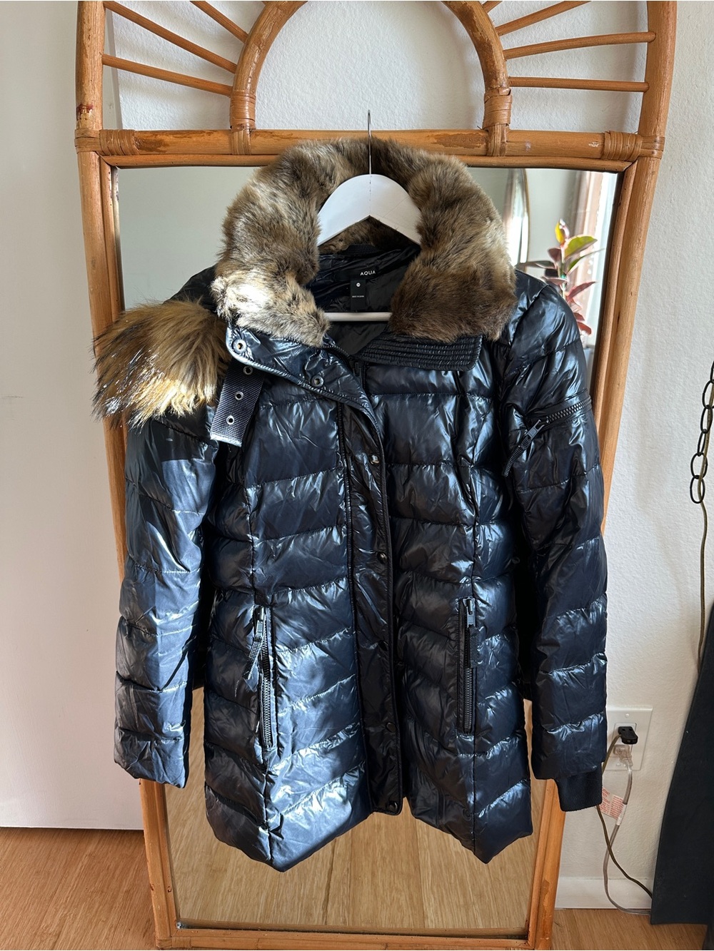 Aqua Glossy Black Puffer Down Mid Coat